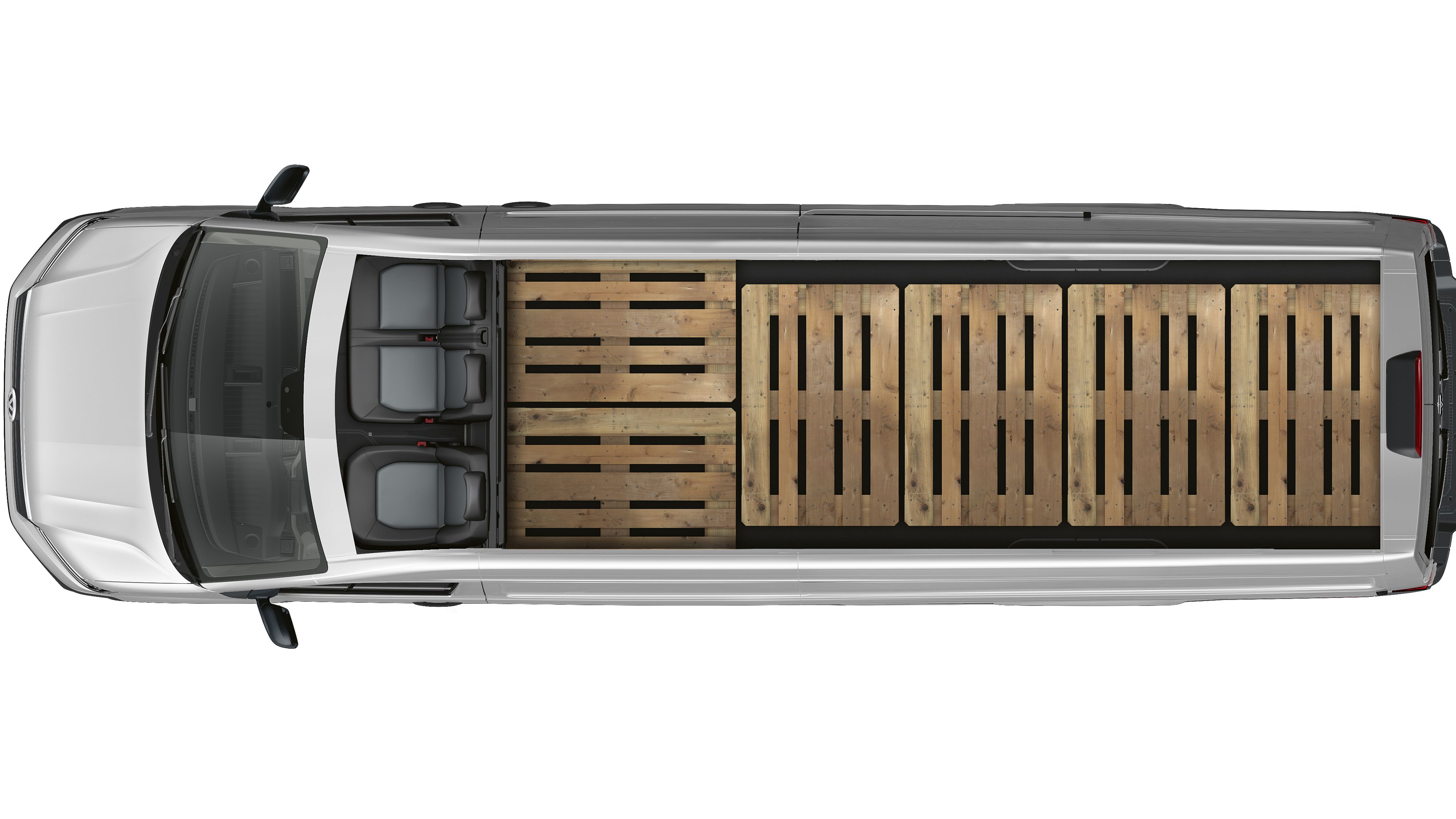 O imagine a unui VW Crafter autofurgon văzut de sus, cu 6 europaleți extra lungi.