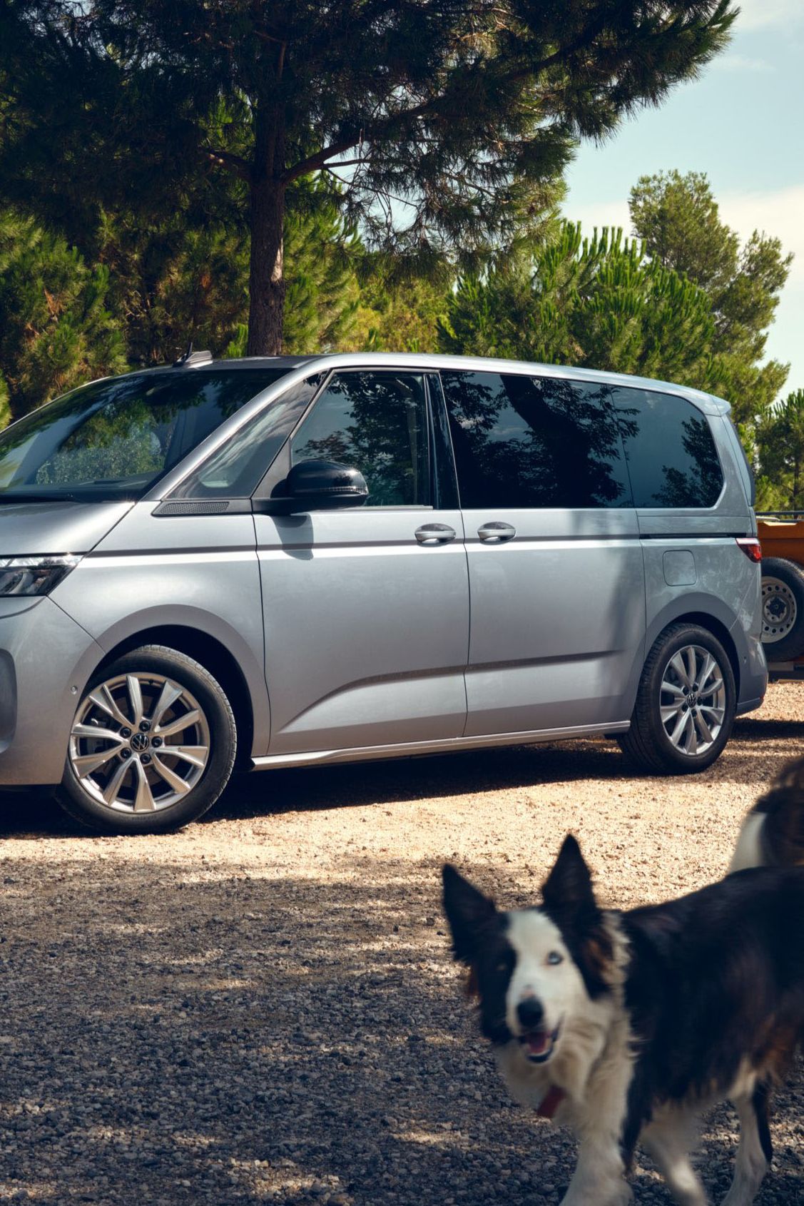 Der neue VW T7 Multivan in Silber steht vor Scheune und Hund lauft vorbei